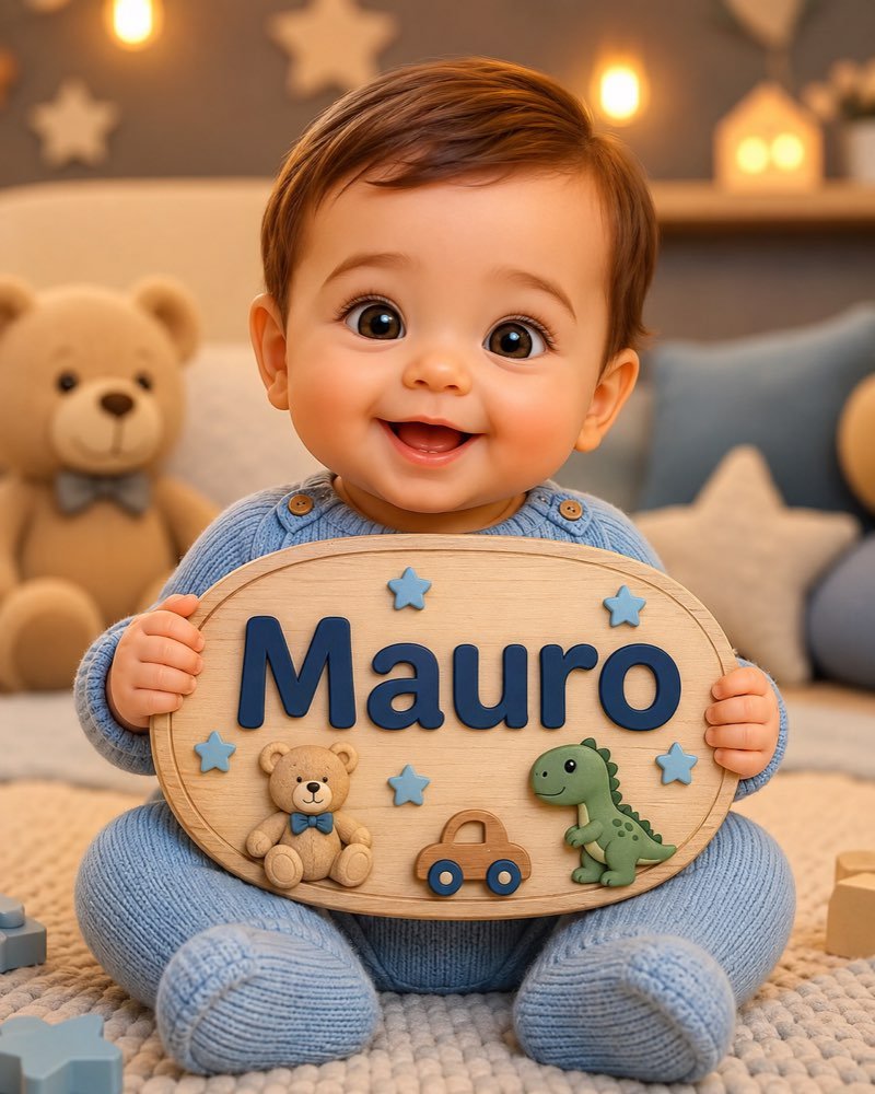 Ilustração de bebê segurando plaquinha com o nome Mauro