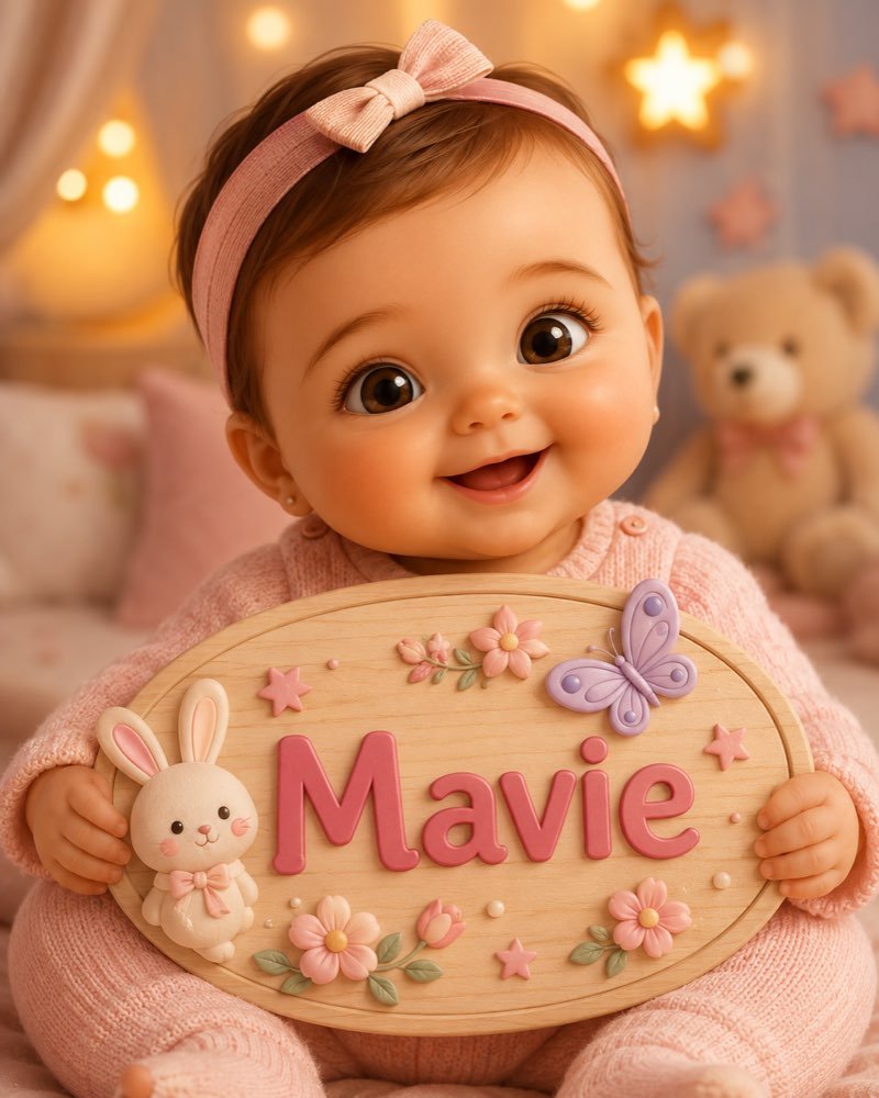 Ilustração de bebê segurando plaquinha com o nome Mavie