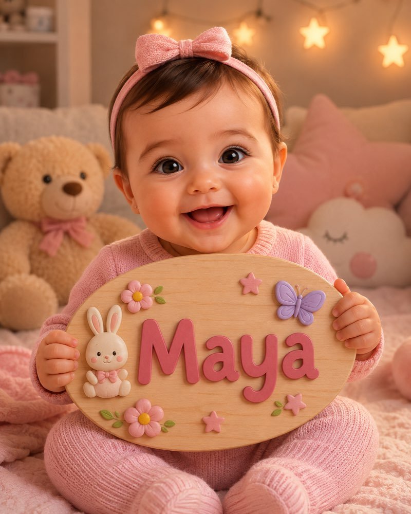 Ilustração de bebê segurando plaquinha com o nome Maya