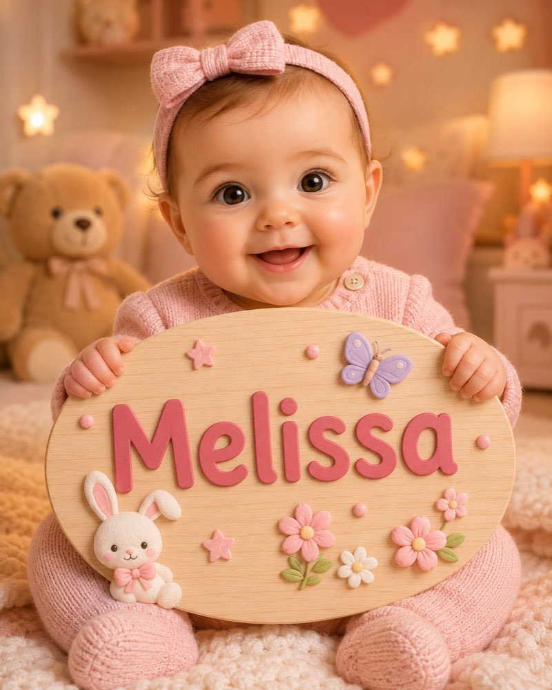Ilustração de bebê segurando plaquinha com o nome Melissa