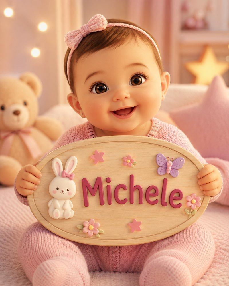 Ilustração de bebê segurando plaquinha com o nome Michele