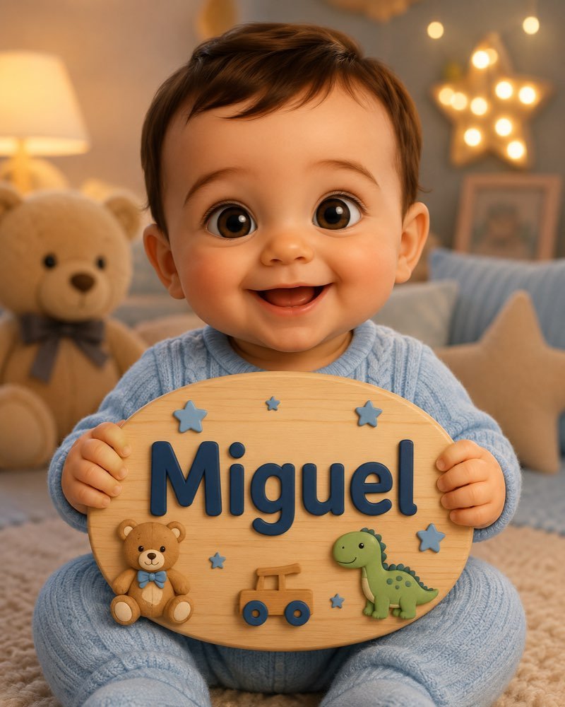 Ilustração de bebê segurando plaquinha com o nome Miguel