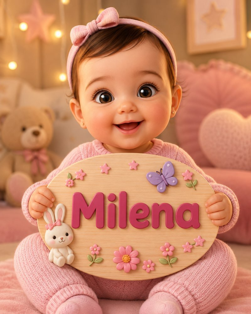Ilustração de bebê segurando plaquinha com o nome Milena