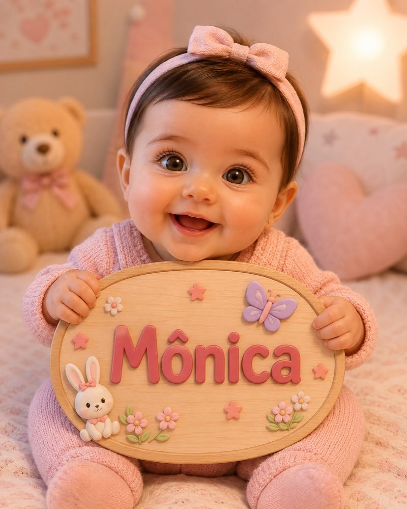 Ilustração de bebê segurando plaquinha com o nome Mônica