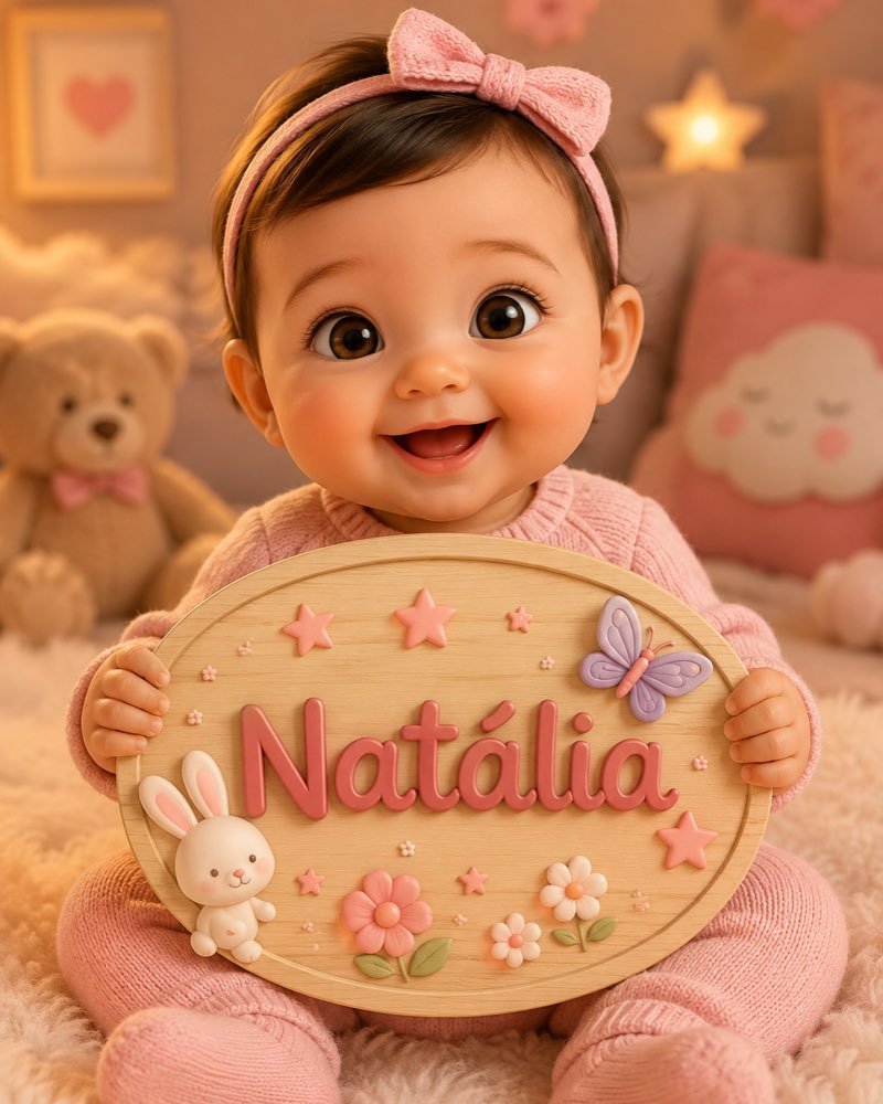 Ilustração de bebê segurando plaquinha com o nome Natália