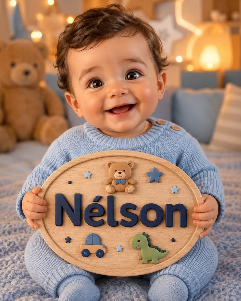 Ilustração de bebê segurando plaquinha com o nome Nélson