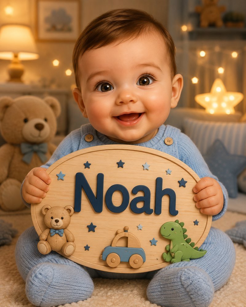 Ilustração de bebê segurando plaquinha com o nome Noah