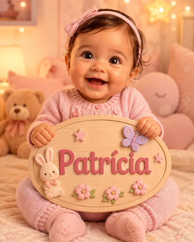 Ilustração de bebê segurando plaquinha com o nome Patrícia