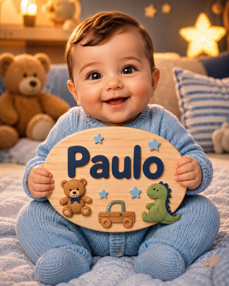 Ilustração de bebê segurando plaquinha com o nome Paulo