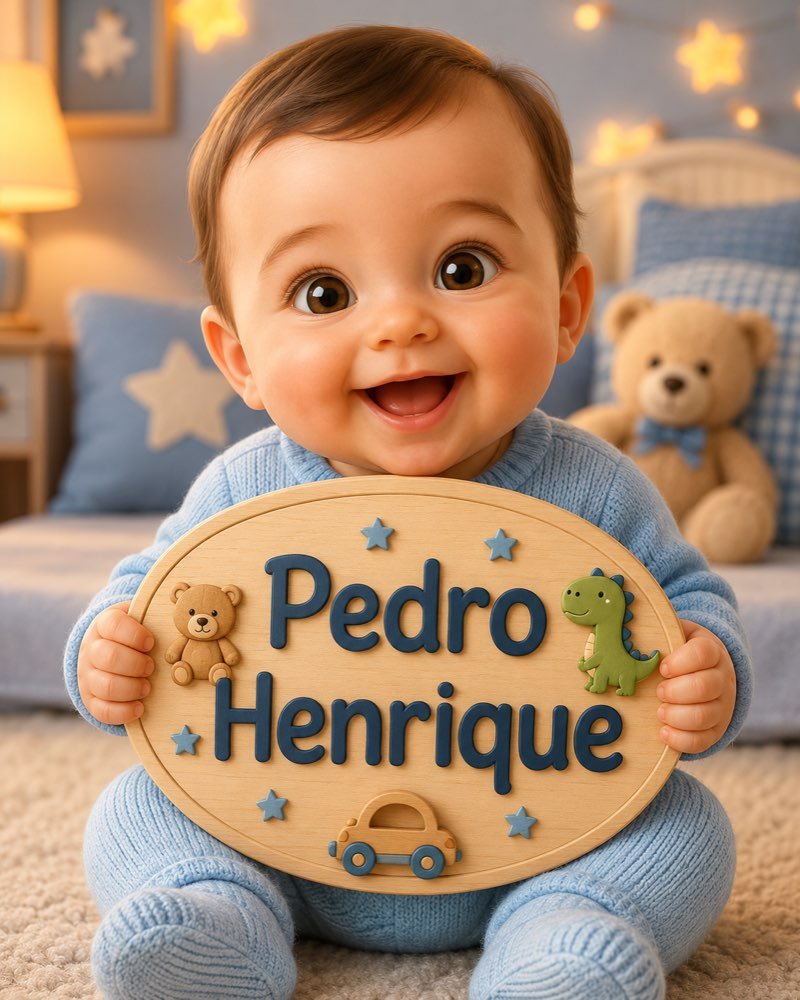 Ilustração de bebê segurando plaquinha com o nome Pedro Henrique