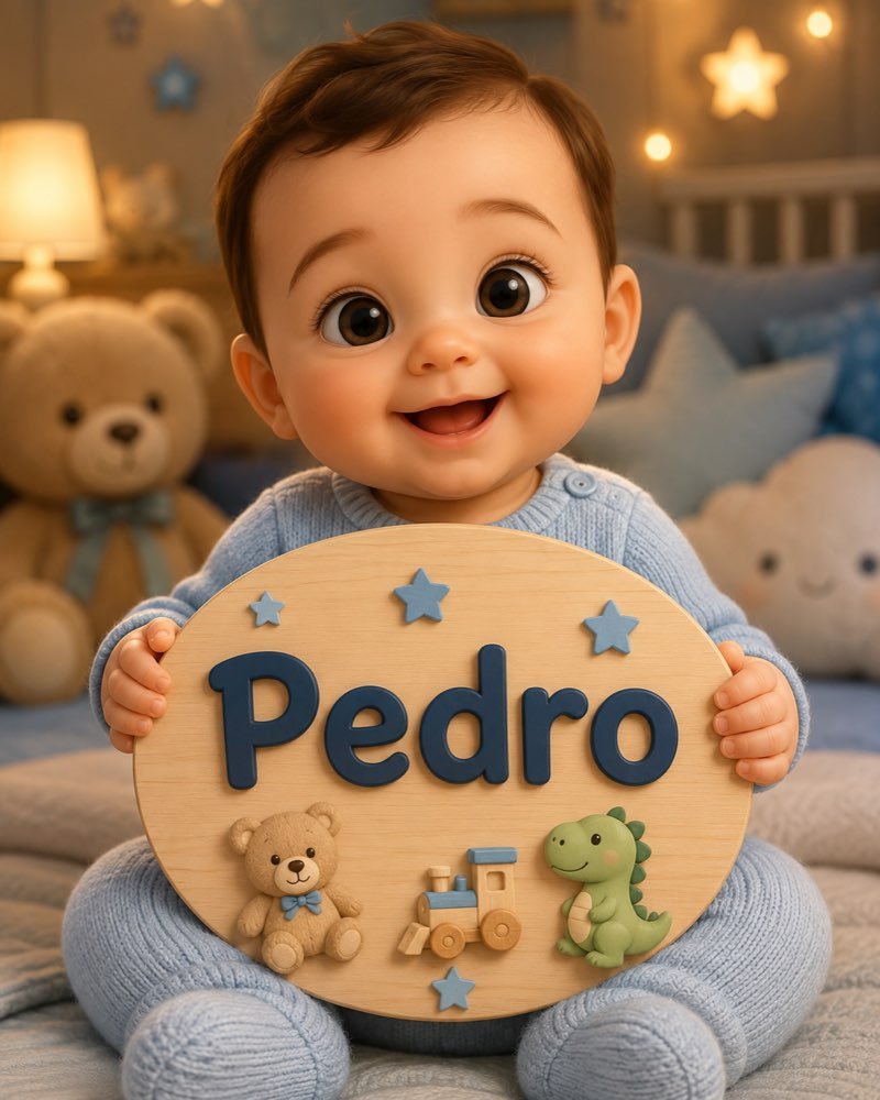 Ilustração de bebê segurando plaquinha com o nome Pedro