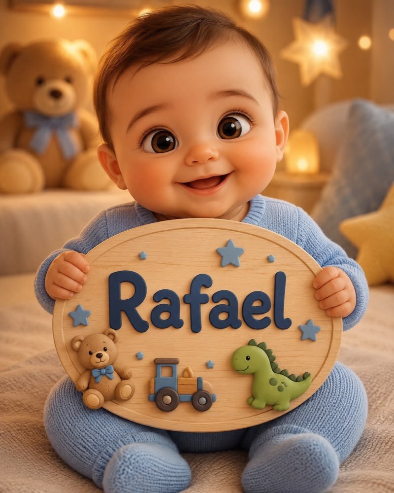 Ilustração de bebê segurando plaquinha com o nome Rafael