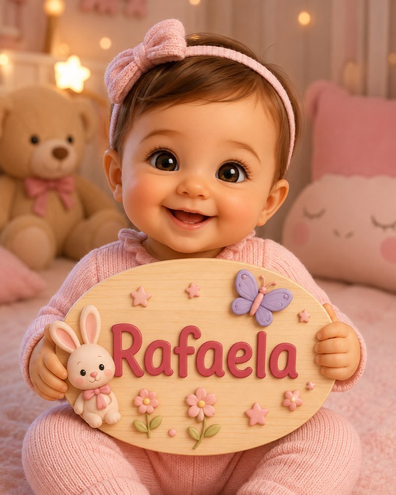 Ilustração de bebê segurando plaquinha com o nome Rafaela
