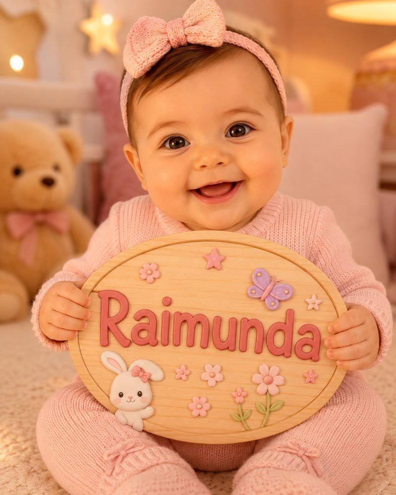 Ilustração de bebê segurando plaquinha com o nome Raimunda