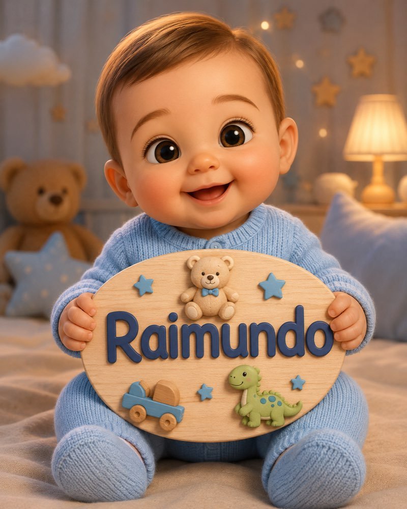 Ilustração de bebê segurando plaquinha com o nome Raimundo