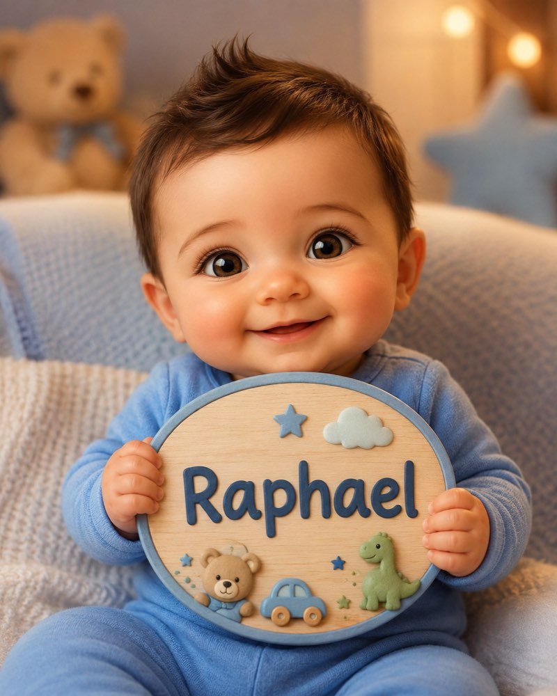 Ilustração de bebê segurando plaquinha com o nome Raphael