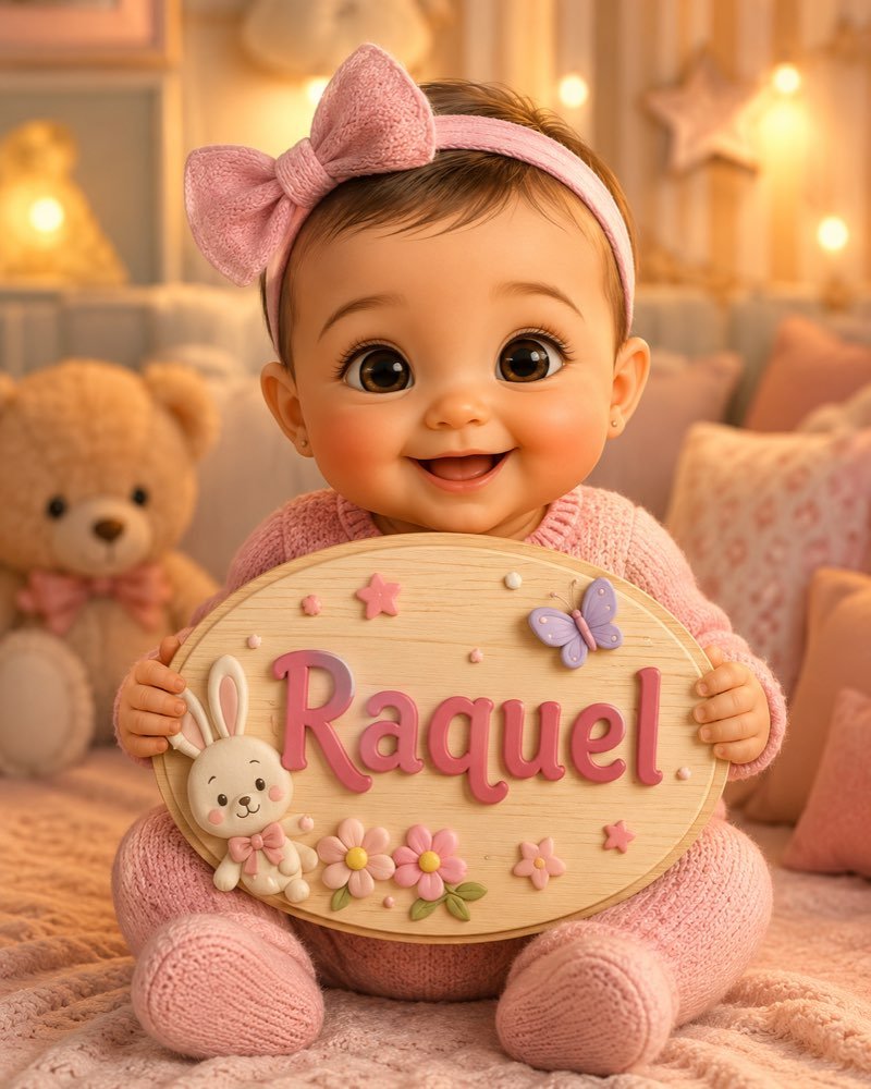Ilustração de bebê segurando plaquinha com o nome Raquel