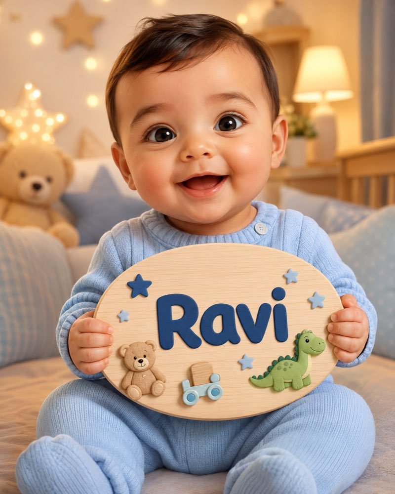 Ilustração de bebê segurando plaquinha com o nome Ravi