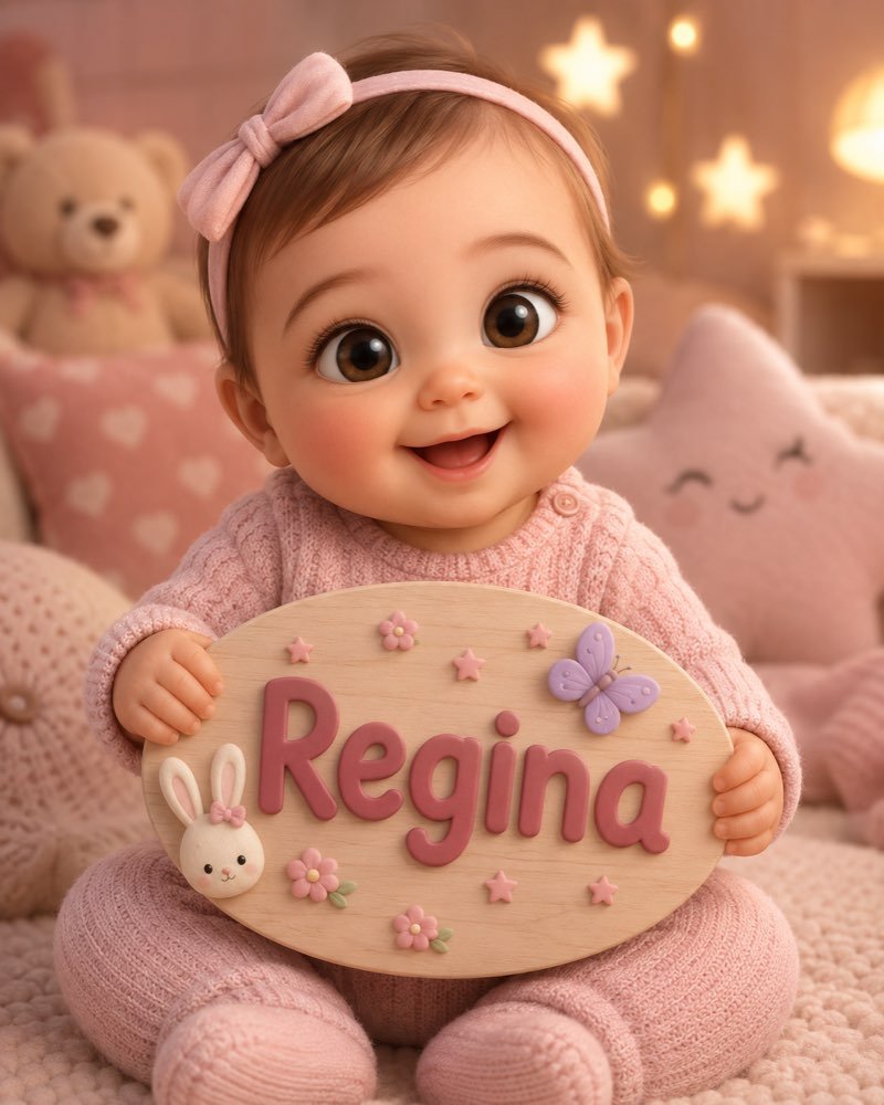 Ilustração de bebê segurando plaquinha com o nome Regina