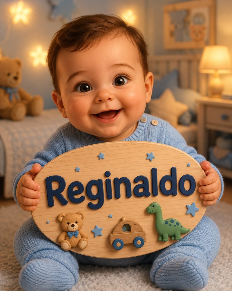 Ilustração de bebê segurando plaquinha com o nome Reginaldo