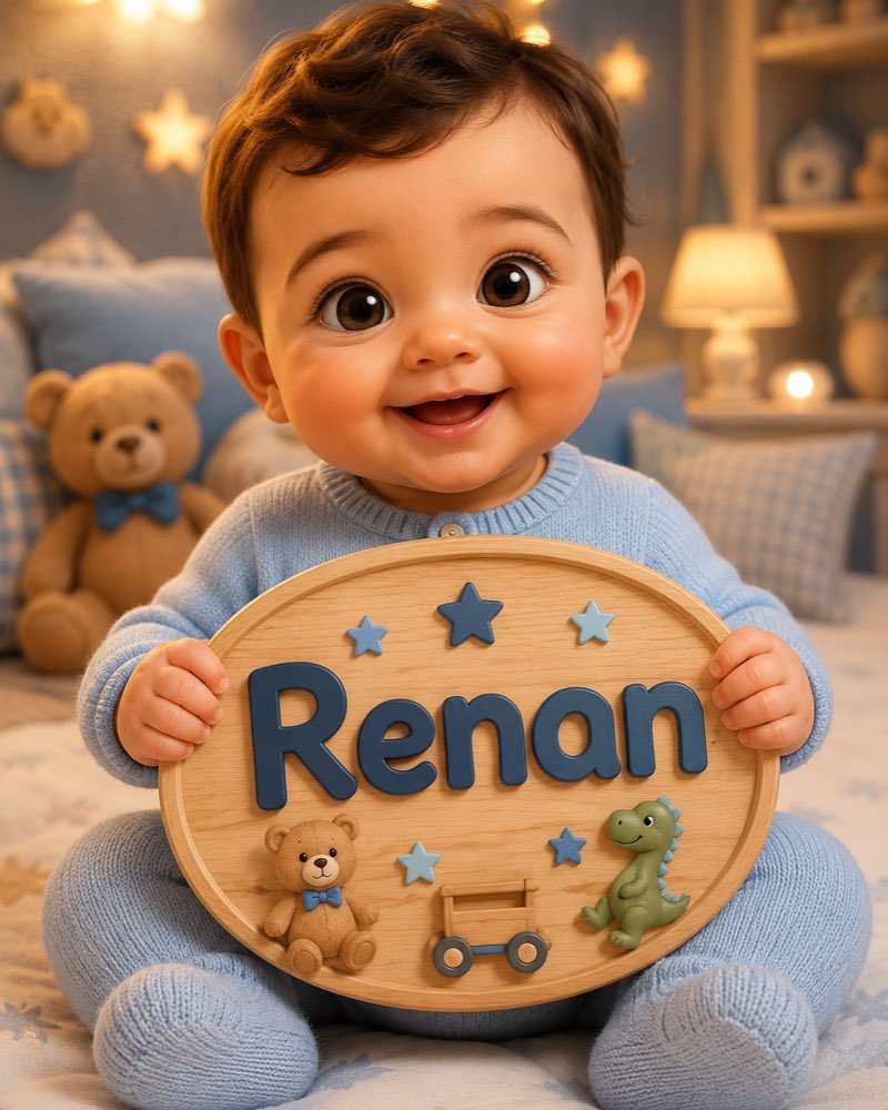 Ilustração de bebê segurando plaquinha com o nome Renan