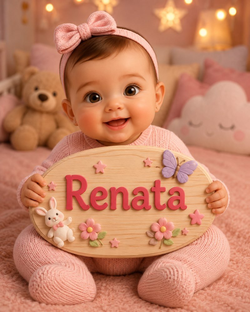 Ilustração de bebê segurando plaquinha com o nome Renata