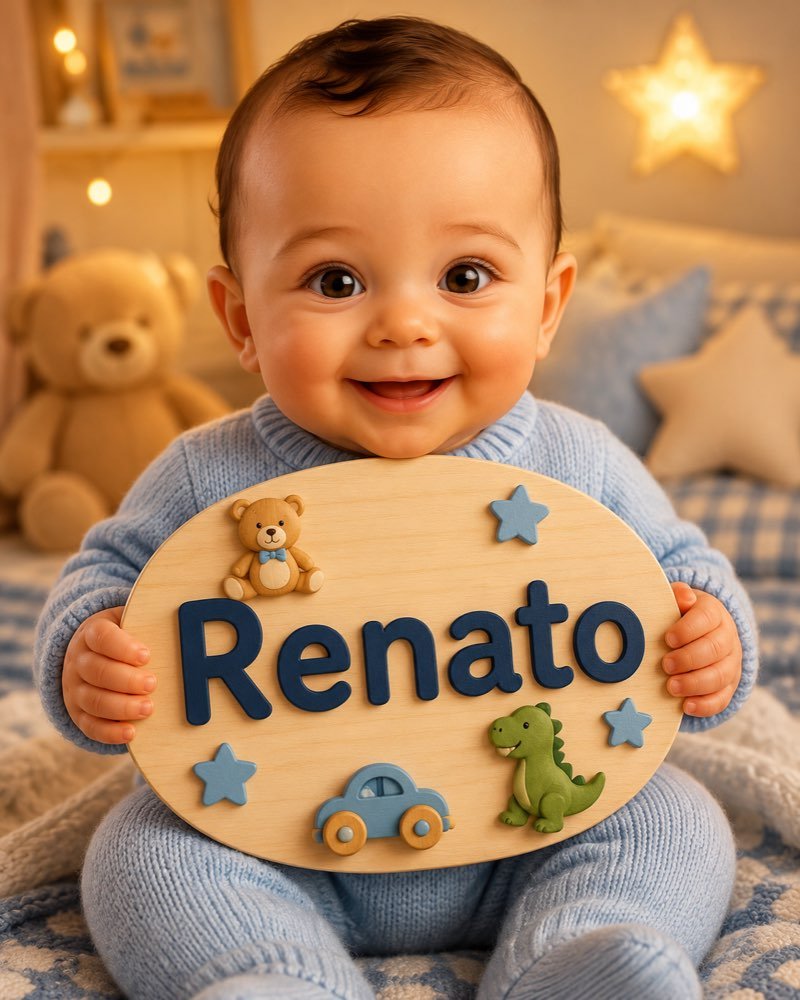 Ilustração de bebê segurando plaquinha com o nome Renato