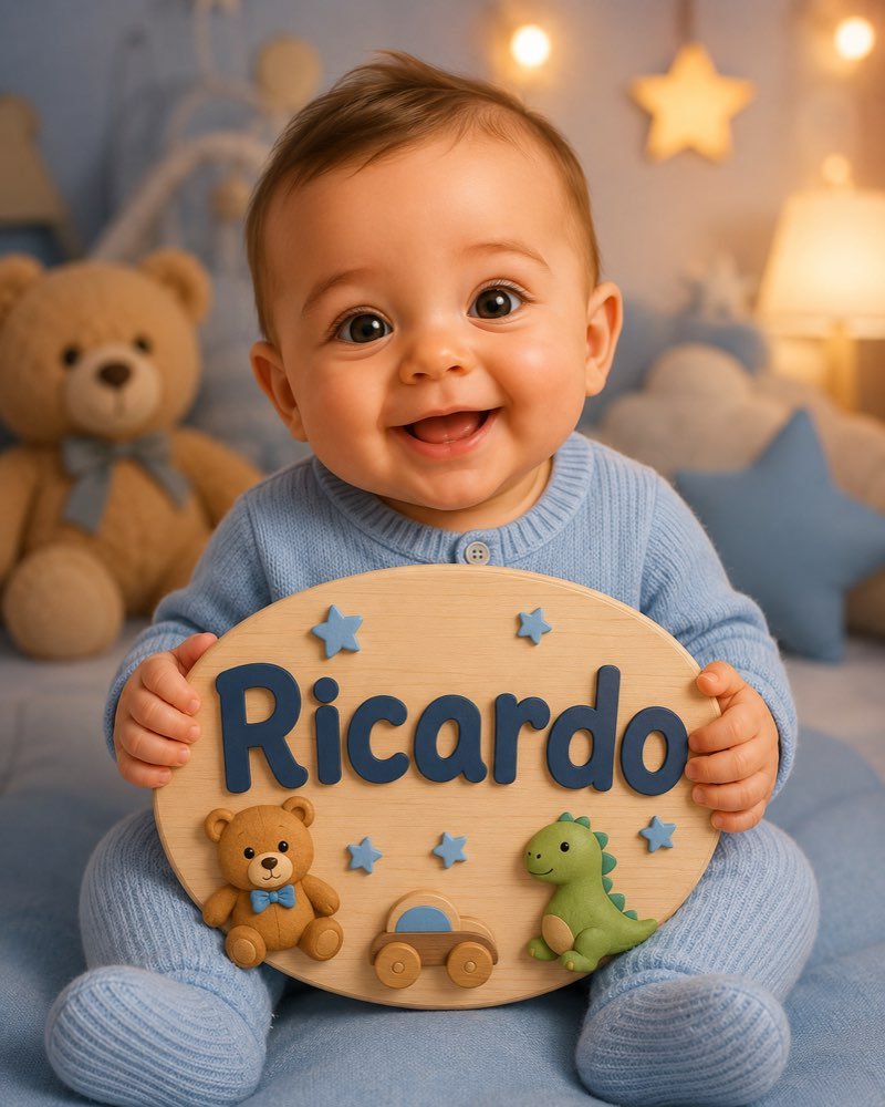 Ilustração de bebê segurando plaquinha com o nome Ricardo