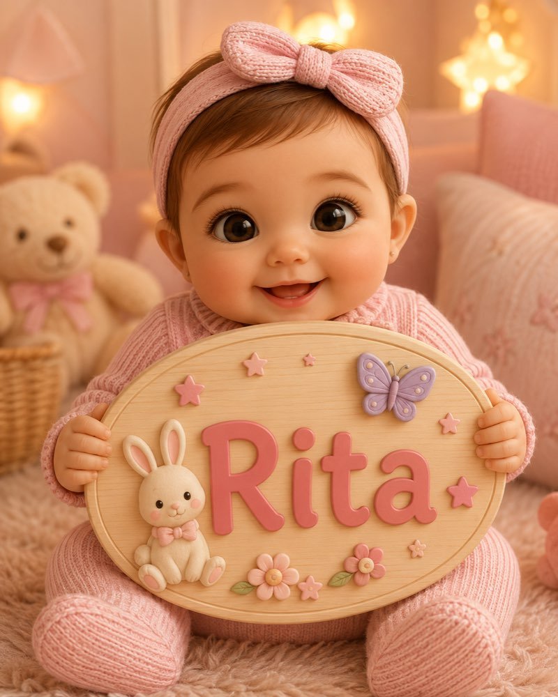 Ilustração de bebê segurando plaquinha com o nome Rita