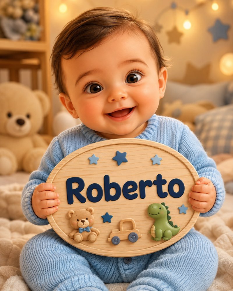 Ilustração de bebê segurando plaquinha com o nome Roberto