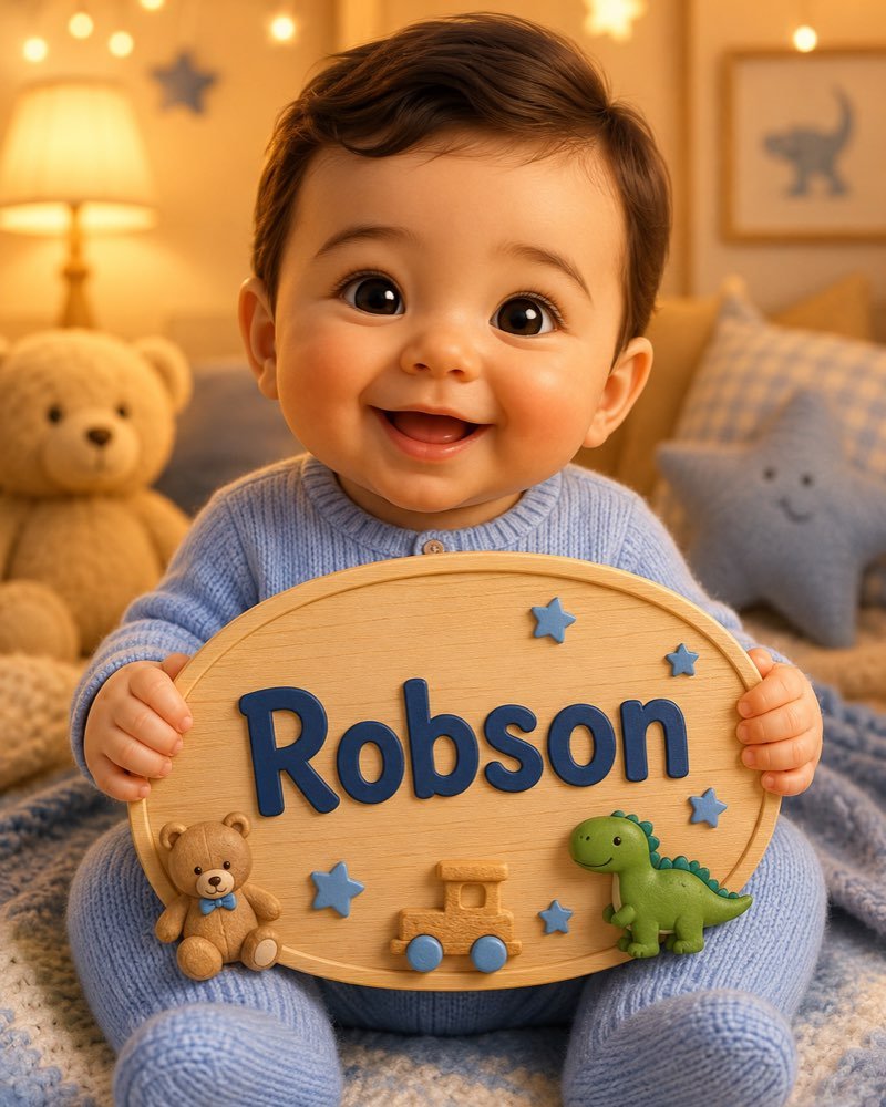 Ilustração de bebê segurando plaquinha com o nome Robson