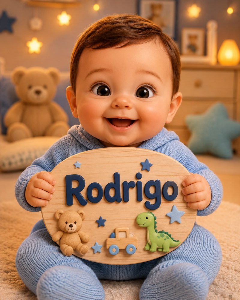 Ilustração de bebê segurando plaquinha com o nome Rodrigo