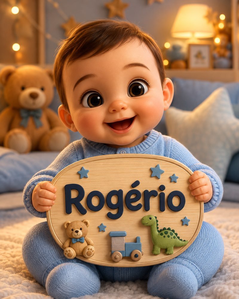 Ilustração de bebê segurando plaquinha com o nome Rogério