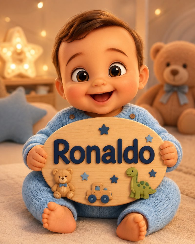 Ilustração de bebê segurando plaquinha com o nome Ronaldo