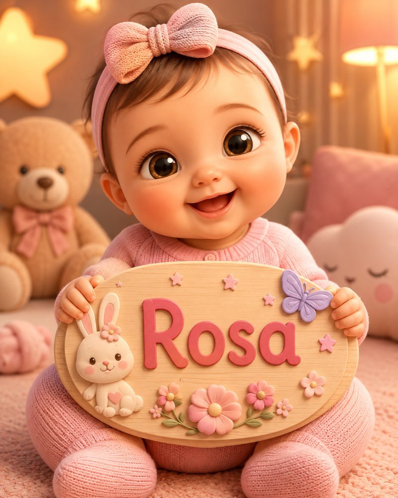 Ilustração de bebê segurando plaquinha com o nome Rosa
