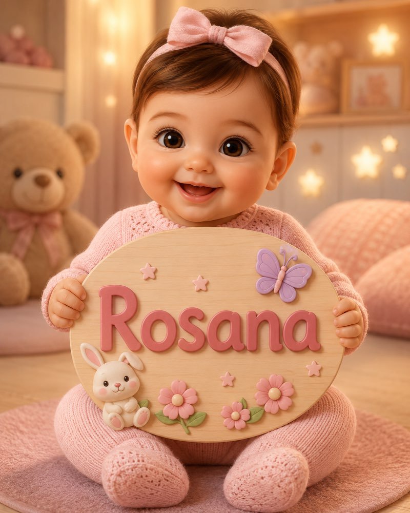 Ilustração de bebê segurando plaquinha com o nome Rosana