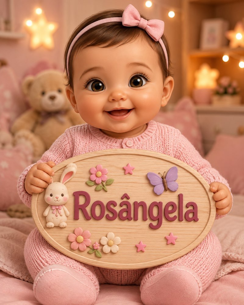 Ilustração de bebê segurando plaquinha com o nome Rosângela