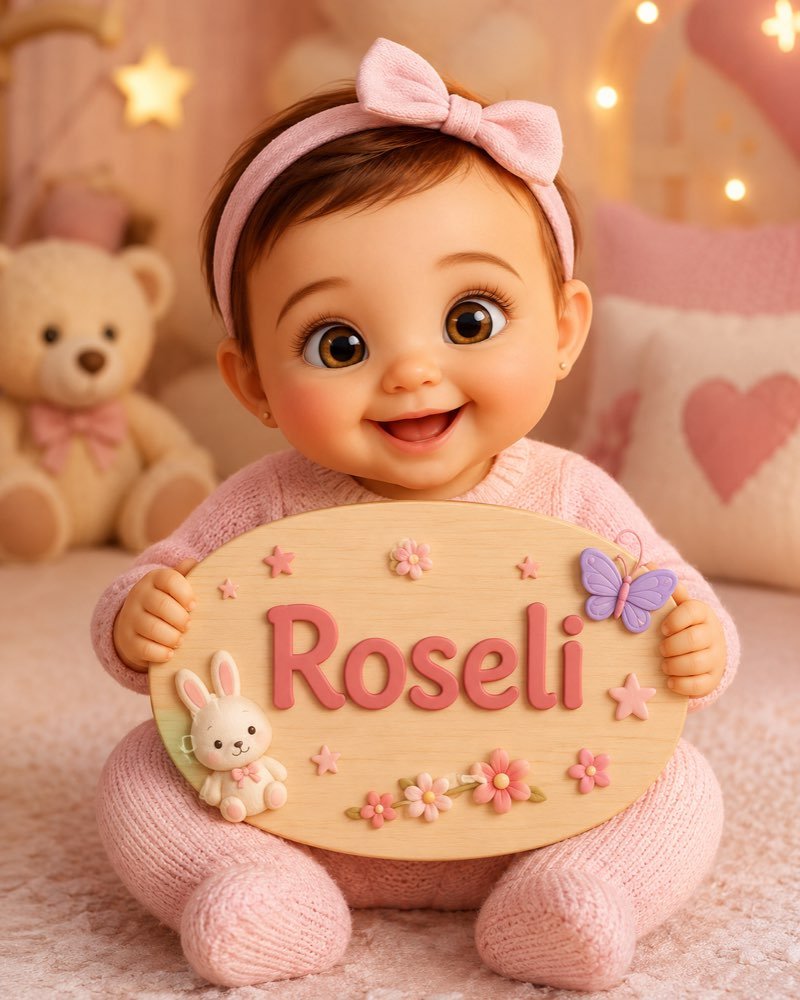 Ilustração de bebê segurando plaquinha com o nome Roseli