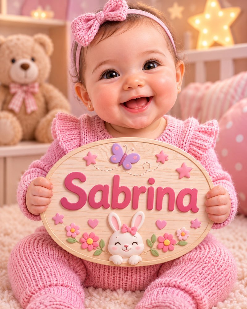 Ilustração de bebê segurando plaquinha com o nome Sabrina