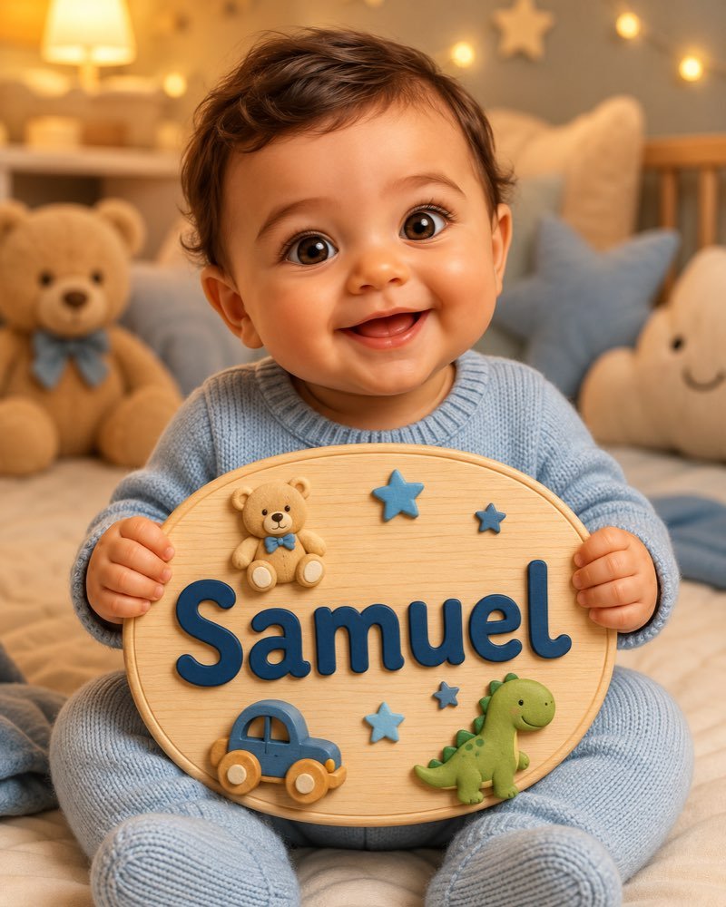 Ilustração de bebê segurando plaquinha com o nome Samuel