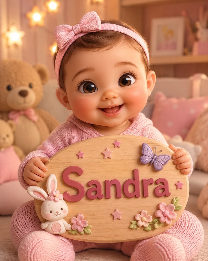 Ilustração de bebê segurando plaquinha com o nome Sandra