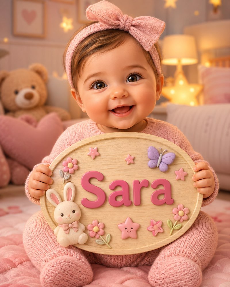 Ilustração de bebê segurando plaquinha com o nome Sara
