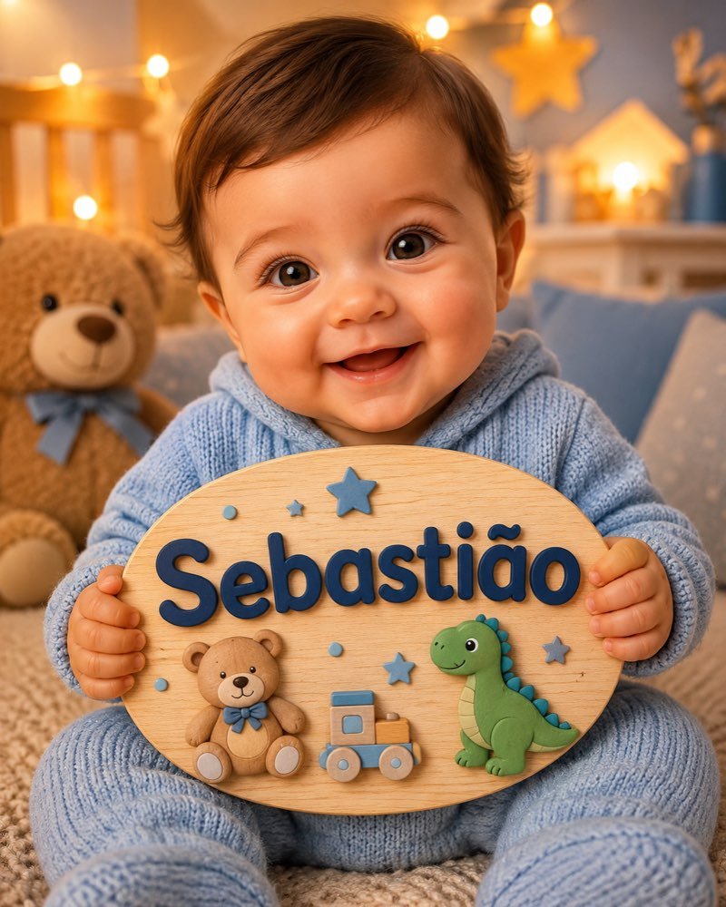Ilustração de bebê segurando plaquinha com o nome Sebastião