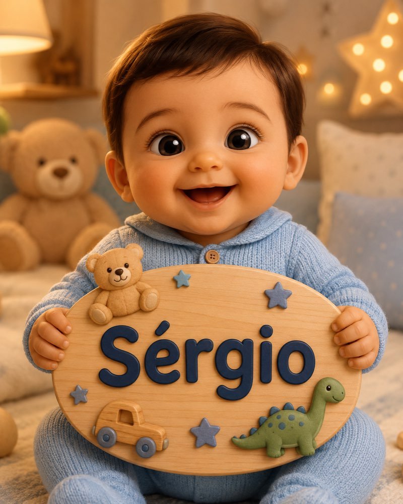 Ilustração de bebê segurando plaquinha com o nome Sérgio