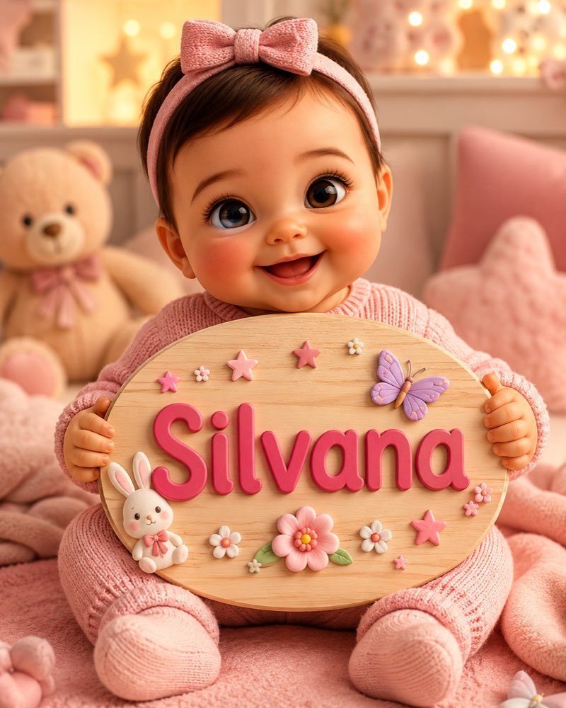 Ilustração de bebê segurando plaquinha com o nome Silvana