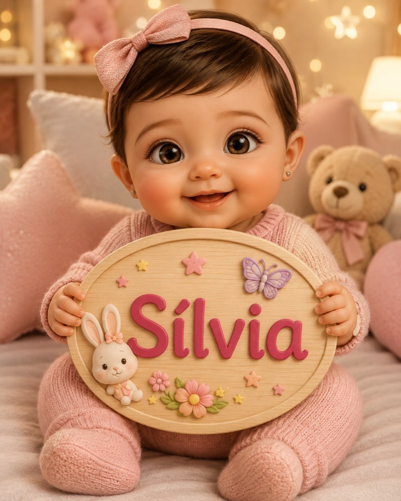 Ilustração de bebê segurando plaquinha com o nome Sílvia
