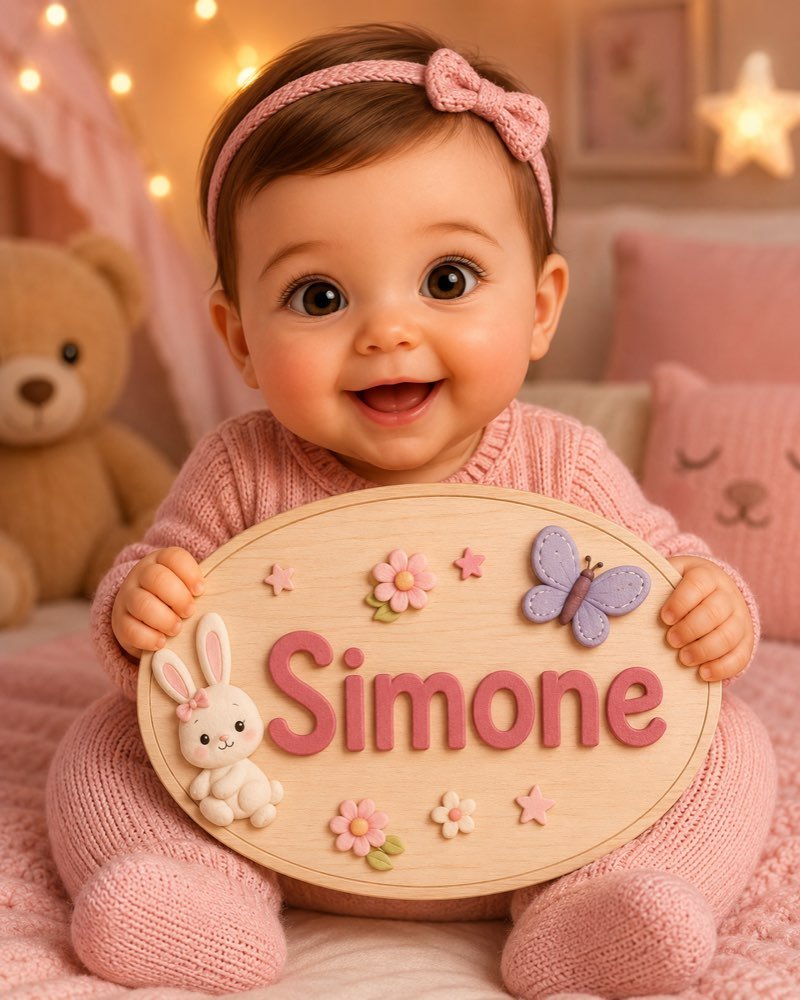 Ilustração de bebê segurando plaquinha com o nome Simone