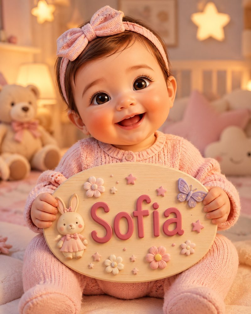 Ilustração de bebê segurando plaquinha com o nome Sofia