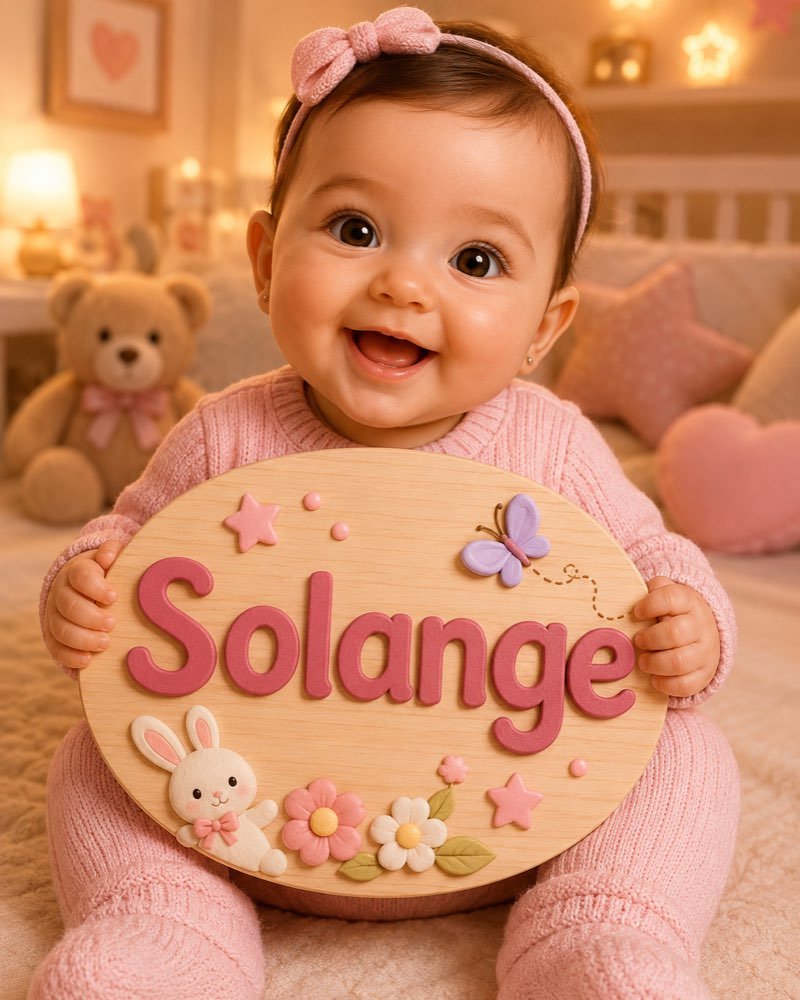 Ilustração de bebê segurando plaquinha com o nome Solange