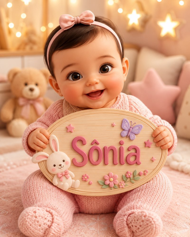 Ilustração de bebê segurando plaquinha com o nome Sônia